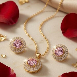 The Celestia Blush Brilliant-Cut Pink Tourmaline Pendant Set-Gold Finish