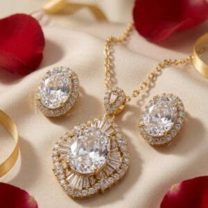 The Luminary Empress Faceted White Diamond-Style Baguette Border with Oval Studs-Gold Finish