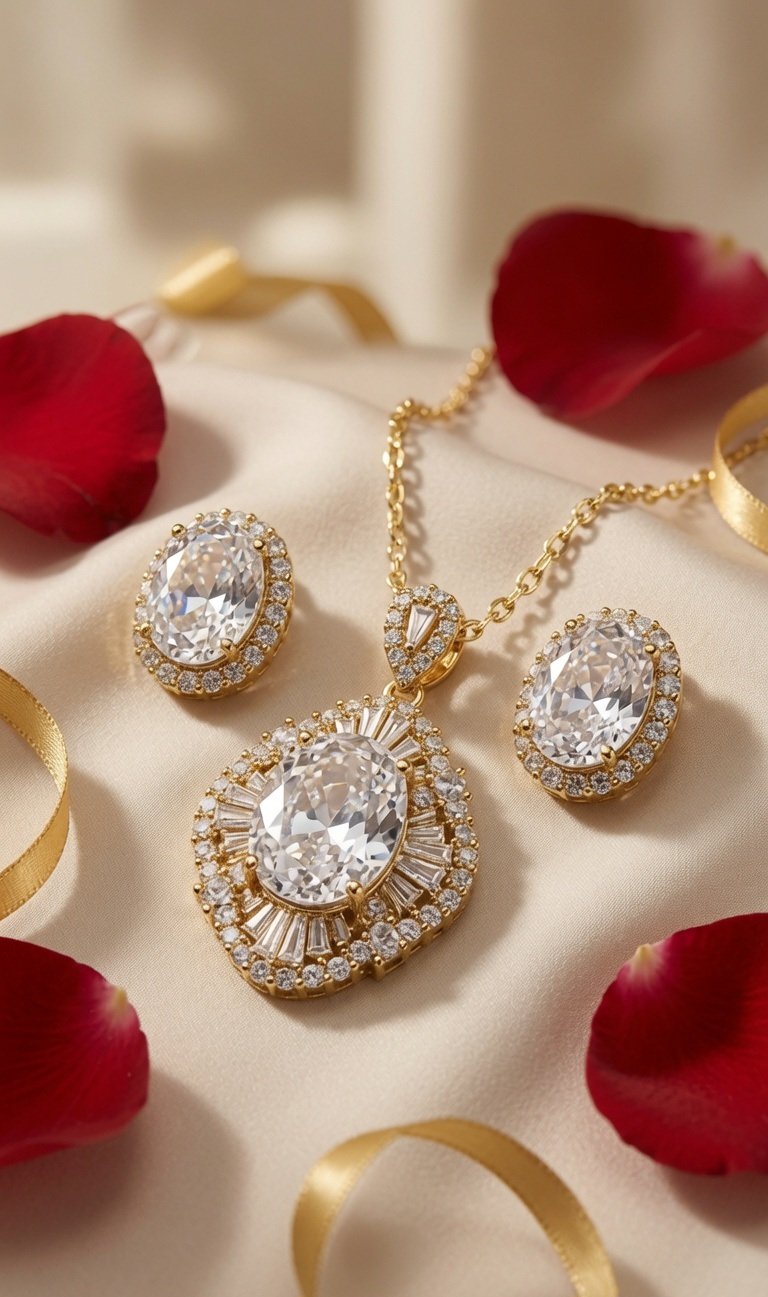 The Luminary Empress Faceted White Diamond-Style Baguette Border with Oval Studs-Gold Finish