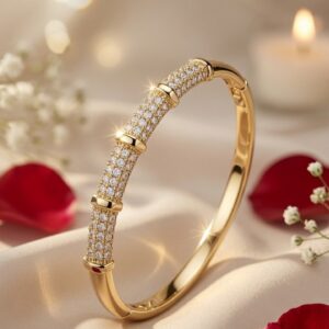 Aurelia High-Jewelry Ribbed Diamond Segment Stackable Kada Bracelet-Gold Finish