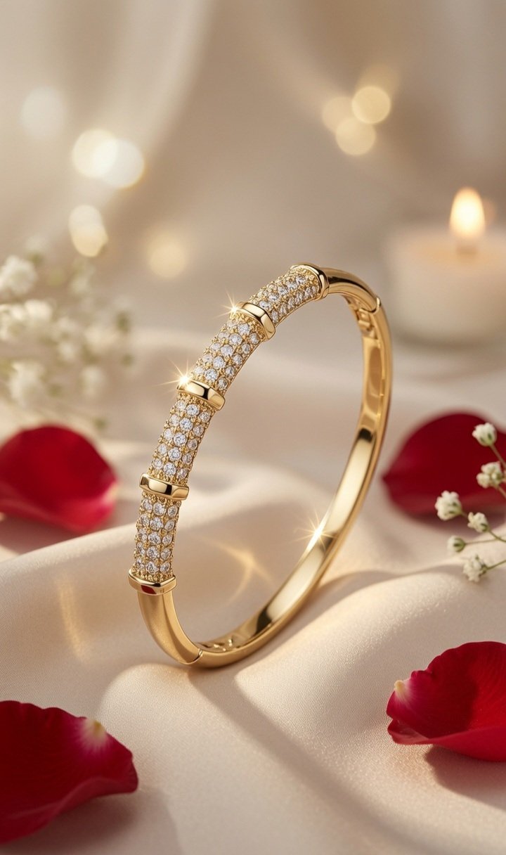 Aurelia High-Jewelry Ribbed Diamond Segment Stackable Kada Bracelet-Gold Finish