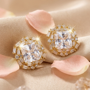 Isodora Princess-Cut Baguette Halo Earrings-Gold Finish