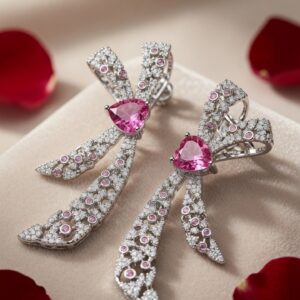 The Versailles Bow Pink Tourmaline Coquette Ribbon Earrings-Platinum Finish