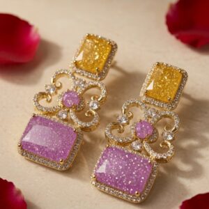 Monarch Geometric Lavender And Citrine Crystal Earrings-Gold Finish