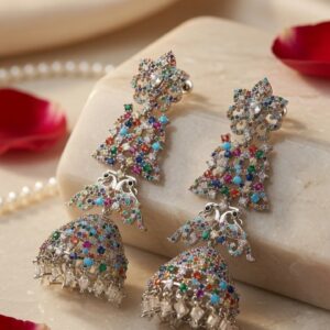 Luxury Navratana Jhumka Contemporary Festive Chandelier Earrings-Platinum Finish