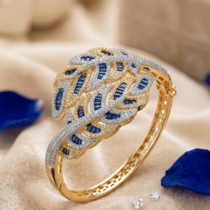 Artisanal Sapphire Feather Cascade Premium Baguette Two-Tone Kada Bracelet-Gold Finish