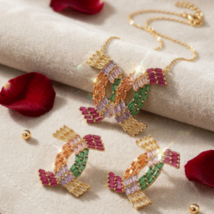 The Kaleidoscope Cross Rainbow Baguette Gemstone Pendant Set-Gold Finish