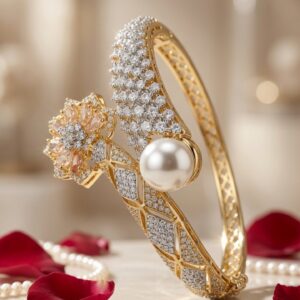 The Aurelia Flora Bypass Peral And Peach Tourmaline Kada Bracelet-Gold Finish