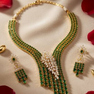 The Sovereign Flora Emerald Vintage-Style Multi-Strand Green Stone Choker Set-Gold Finish