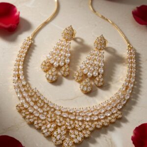 Intricate Diamond-Simulant Marquise Choker And Chandelier Earrings-Gold Finish