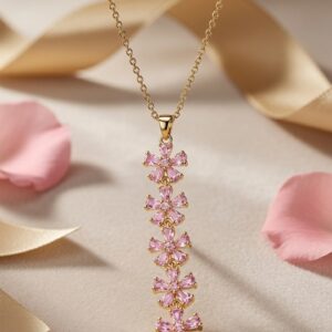 The Rosalie Pink Sapphire Floral Drop Pendant Chain-Gold Finish