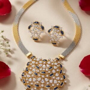 The Sapphire Stella Contemporary Tri-Tone Woven Mesh Chain Necklace Set With Blue Accent-Gold Finish