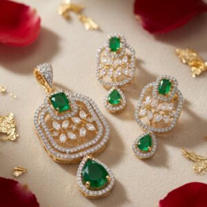 The Mumtaz Mahal Rectangle Emerald Quartz Pendant Set-Gold Finish
