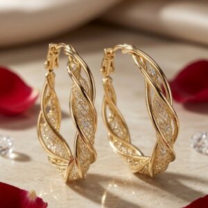 Valencia Twisted Lattice Mesh Hoop Earrings-Gold Finish