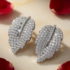 The Silver Frost Diamond-Style Leaf Earrings-Platinum Finish
