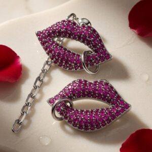 Scarlet Desire Ruby-Pink Lip Charm Earrings-Platinum Finish