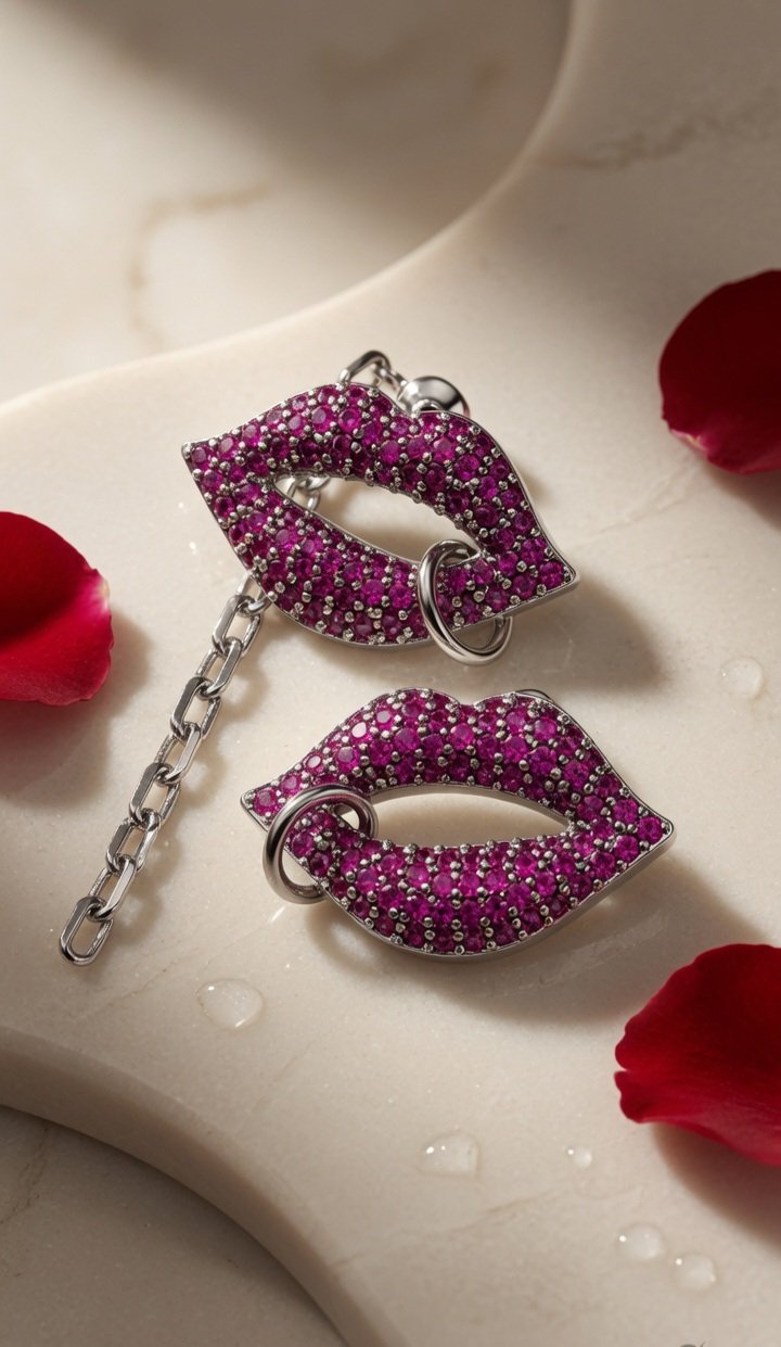 Scarlet Desire Ruby-Pink Lip Charm Earrings-Platinum Finish