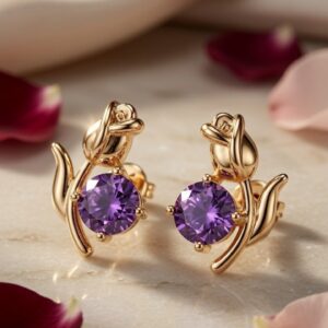 Enchanted Amara Purple Amethyst Floral Tulip Studs-Gold Finish