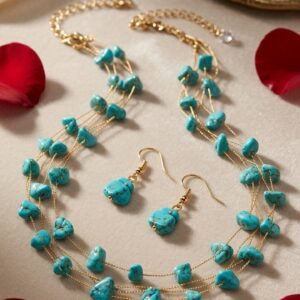 The Santorini Azure Multi-Strand Turquoise Necklace And Earrings-Gold Finish