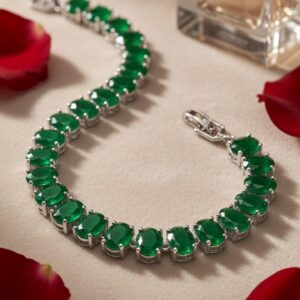 Verdant Crown Oval Emerald Tennis Bracelet-Platinum Finish