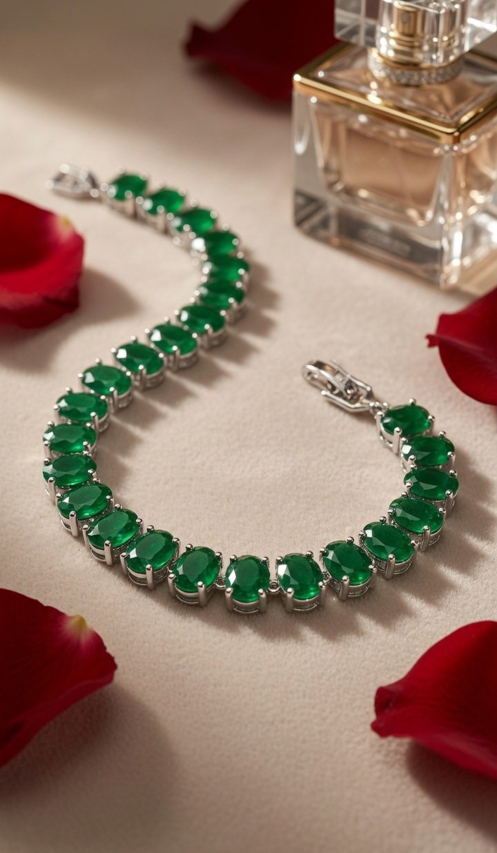 Verdant Crown Oval Emerald Tennis Bracelet-Platinum Finish