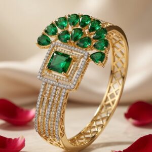 Verdant Halo And Pear-Cut Emerald Asymmetric Kada Bracelet-Gold Finish