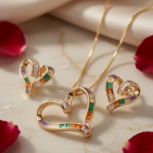 Imperial Channel-Set Multicolor Baguette Open Heart Pendant Set-Gold Finish