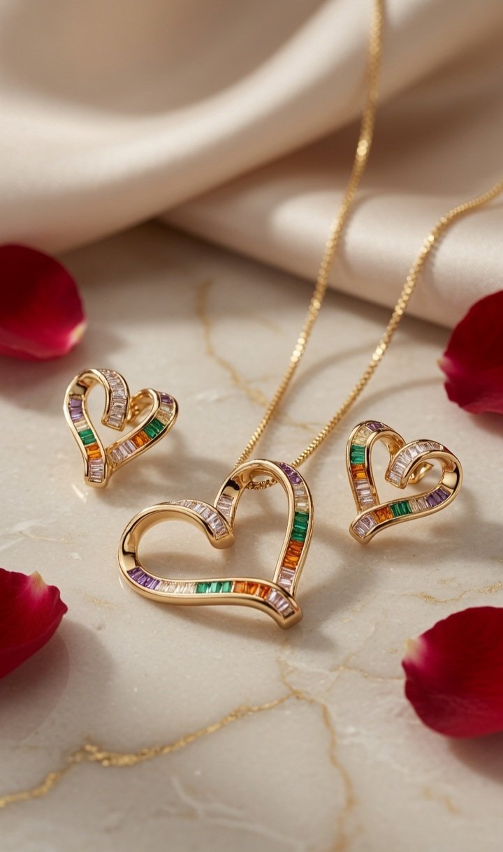 Imperial Channel-Set Multicolor Baguette Open Heart Pendant Set-Gold Finish