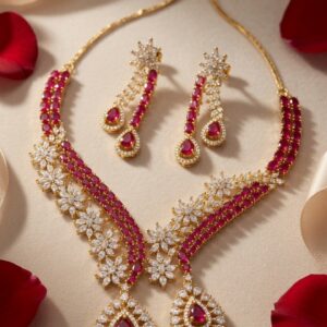 Scarlet Royalty Teardrop Ruby And Cz Marquise Choker Set-Gold Finish