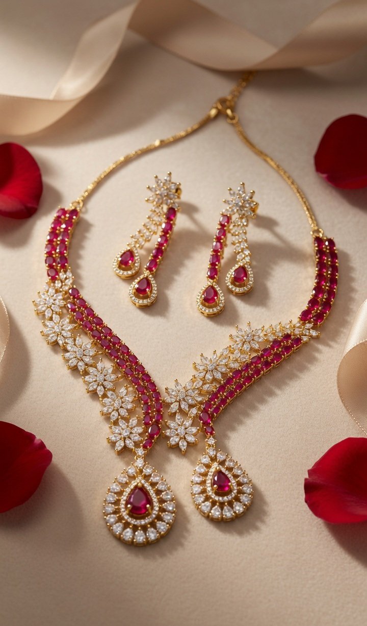 Scarlet Royalty Teardrop Ruby And Cz Marquise Choker Set-Gold Finish