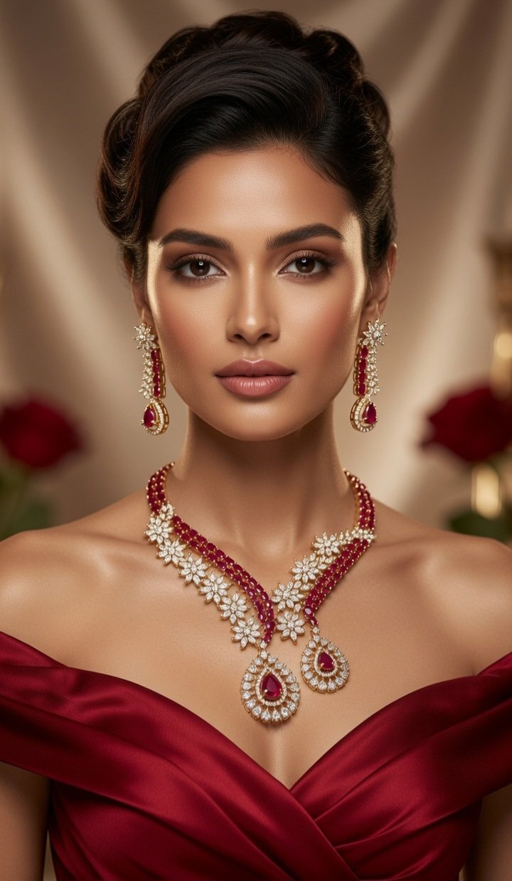 Scarlet Royalty Teardrop Ruby And Cz Marquise Choker Set-Gold Finish - Image 2
