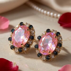 Regal Vintage Oval Pink And Onyx Morganite Studs-Gold Finish