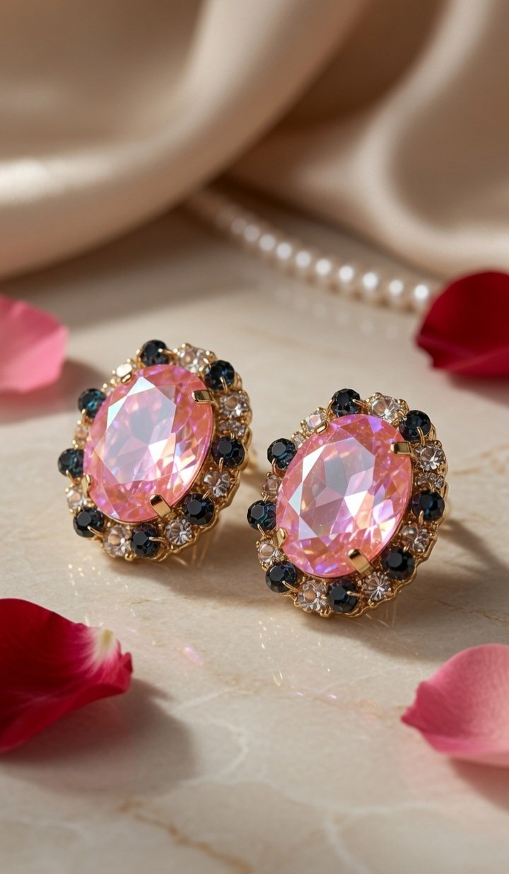 Regal Vintage Oval Pink And Onyx Morganite Studs-Gold Finish
