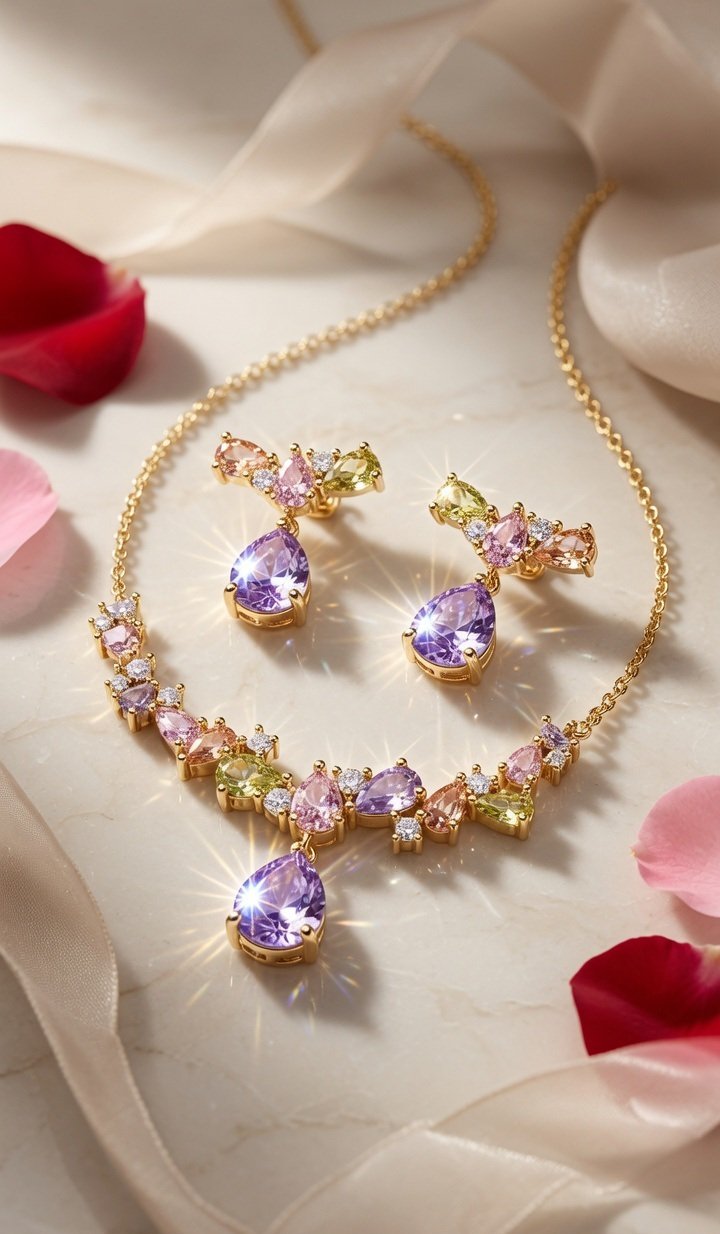 Lumina Lilac And Champagne Teardrop Pendant Set-Gold Finish