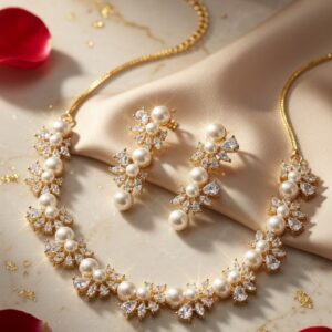 Serenade Marquise Diamond-Style And Pearl Brilliant Zirconia Choker Set-Gold Finish