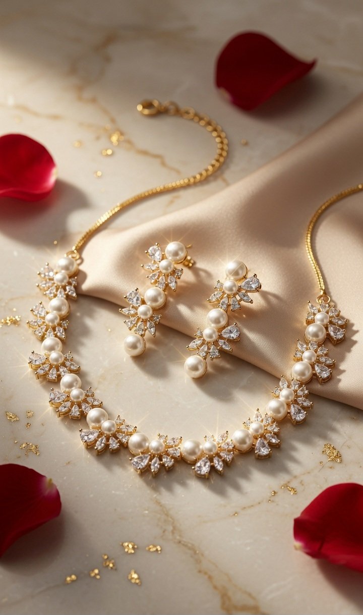 Serenade Marquise Diamond-Style And Pearl Brilliant Zirconia Choker Set-Gold Finish