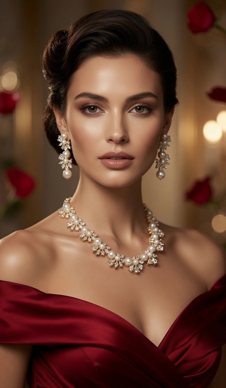 Serenade Marquise Diamond-Style And Pearl Brilliant Zirconia Choker Set-Gold Finish - Image 2