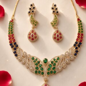 The Navratana Royal Peacock Feather Multi-Gemstone Emerald And Ruby Choker Set-Gold Finish