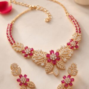 Artisan Scarlet Flora Pavè Leaf Cz Zirconia Choker Set-Gold Finish