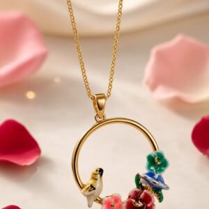 Handcrafted Floral Wreath And Songbird Pendant Chain-Gold Finish