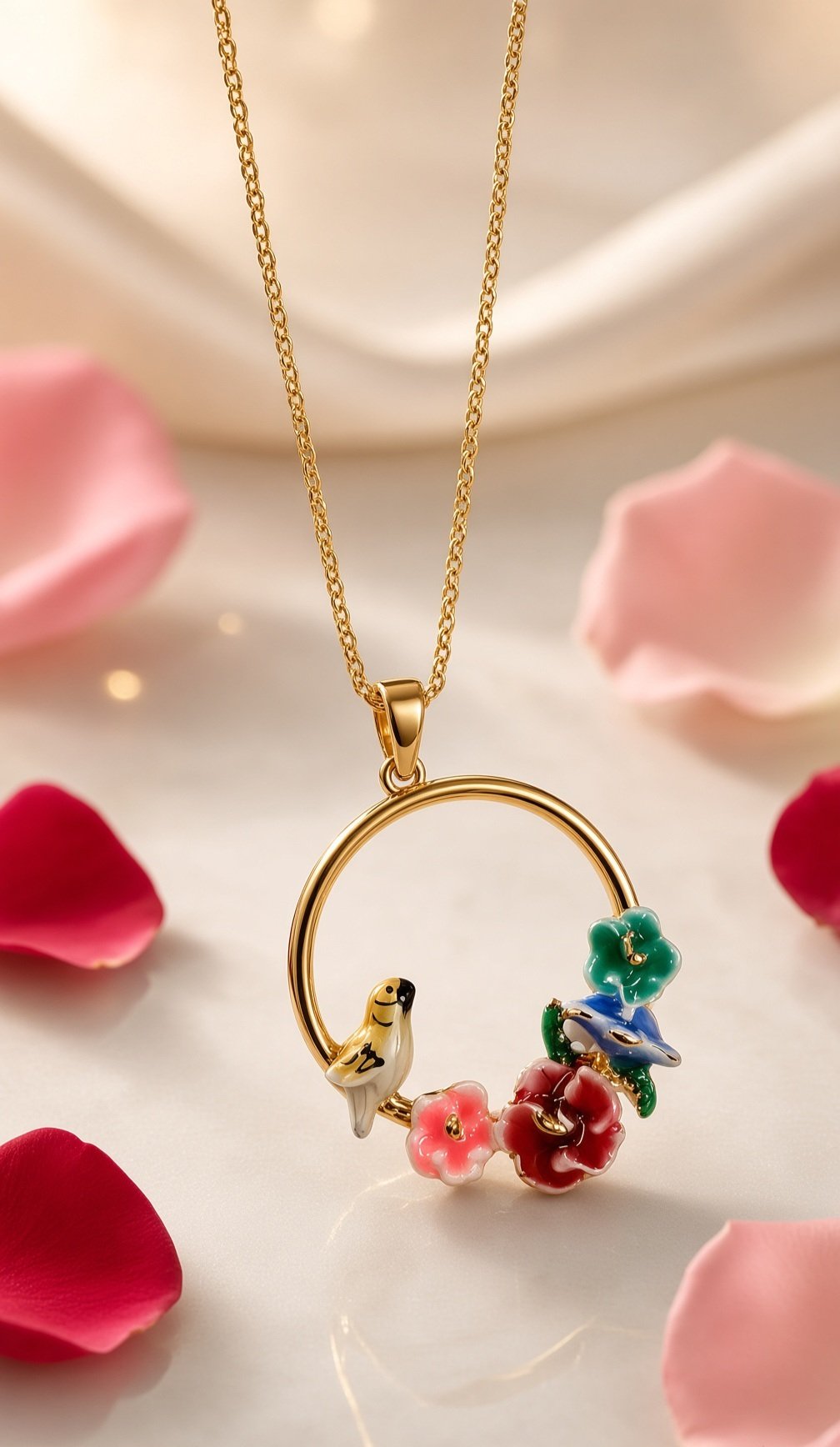 Handcrafted Floral Wreath And Songbird Pendant Chain-Gold Finish