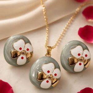 The Silk Lotus Sage Enamel And White Floral Pendant Set-Gold Finish