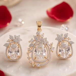 Imperial Clear Cubic Zirconia Oval Pendant Set-Gold Finish