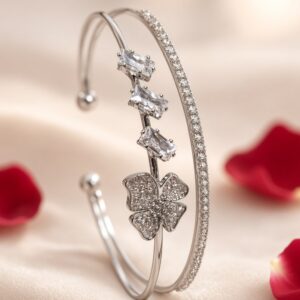 Frost Bloom Baguette And Pavè Diamond-Style Open Kada Bracelet-Platinum Finish