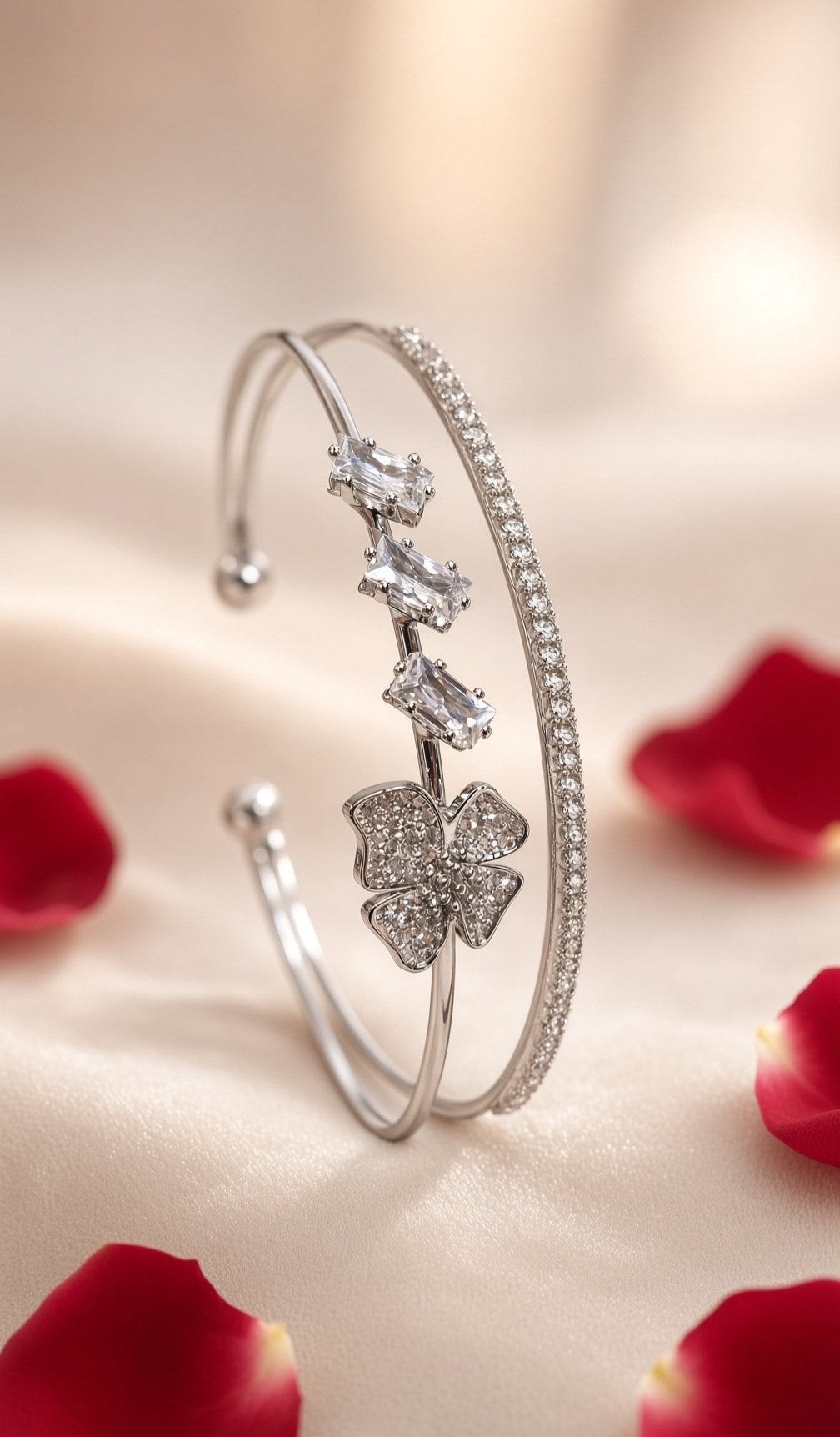 Frost Bloom Baguette And Pavè Diamond-Style Open Kada Bracelet-Platinum Finish