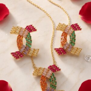 The Kaleidoscope Cross Rainbow Baguette Gemstone Pendant Set-Gold Finish