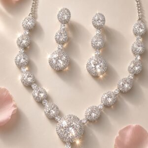 The Luminary Platinum Solitaire Halo Drop Necklace Set-Platinum Finish