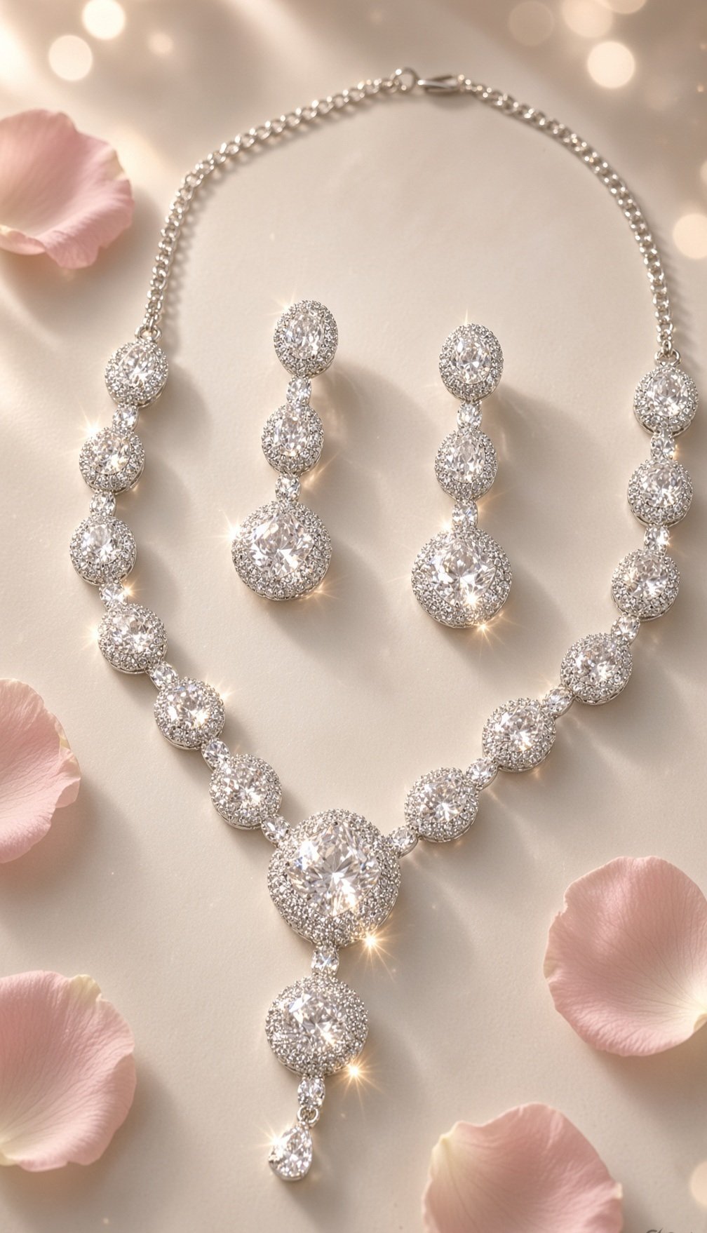 The Luminary Platinum Solitaire Halo Drop Necklace Set-Platinum Finish