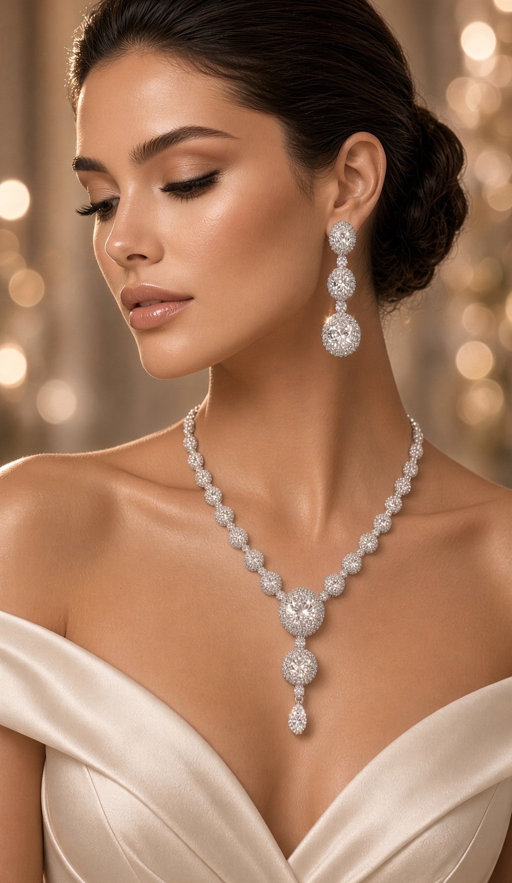 The Luminary Platinum Solitaire Halo Drop Necklace Set-Platinum Finish - Image 2