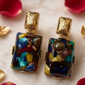 The Mosaic Artisan Hammered Gold And Terrazzo Resin Drop Earrings-Gold Finish